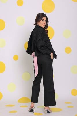 Black buttoned shirt with baby pink back tie up and pant summer everyday wear 100% cotton co-ord set 4