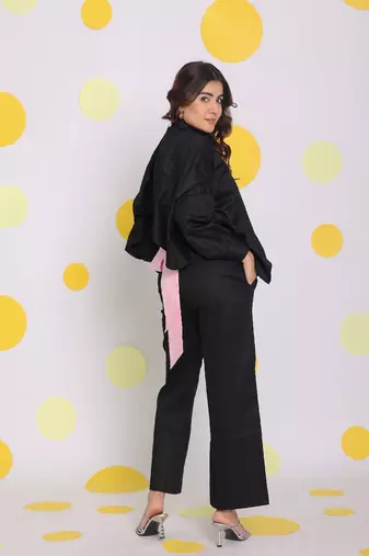 Black buttoned shirt with baby pink back tie up and pant summer everyday wear 100% cotton co-ord set
