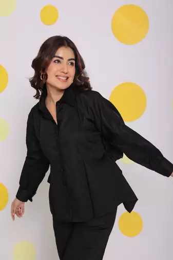 Black buttoned shirt with baby pink back tie up and pant summer everyday wear 100% cotton co-ord set