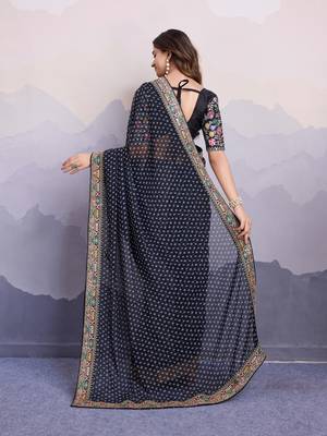 catching black colored digital printed with embroidery work georgette indian bollywood saree for wedding and parties 6