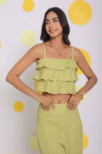 Light green layered crop top and high waist pant summer relaxed linen co-ord set