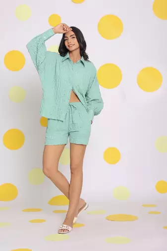 Light green shirt and shorts two piece set summer casual co-ord set