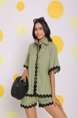 Green zig zag lace buttoned relaxed collared shirt and shorts linen co-ord set 3