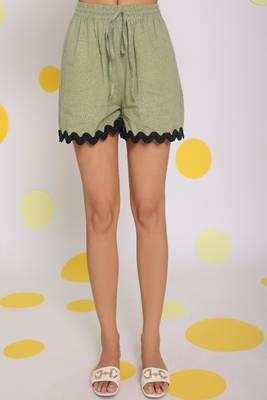 Green zig zag lace buttoned relaxed collared shirt and shorts linen co-ord set 4
