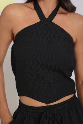 Black halter neck crop top and shorts two piece set summer relaxed co-ord set 5