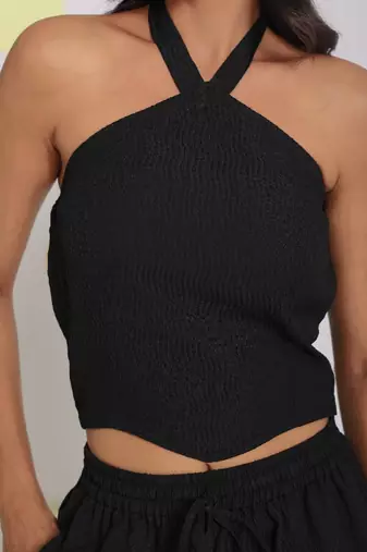 Black halter neck crop top and shorts two piece set summer relaxed co-ord set
