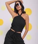 Black halter neck crop top and shorts two piece set summer relaxed co-ord set