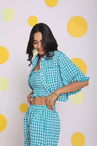 White and aqua blue summer tube top, shirt and shorts relaxed 3 pc co-ord set