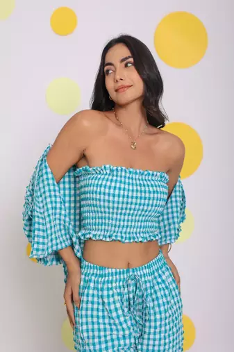 White and aqua blue summer tube top, shirt and shorts relaxed 3 pc co-ord set
