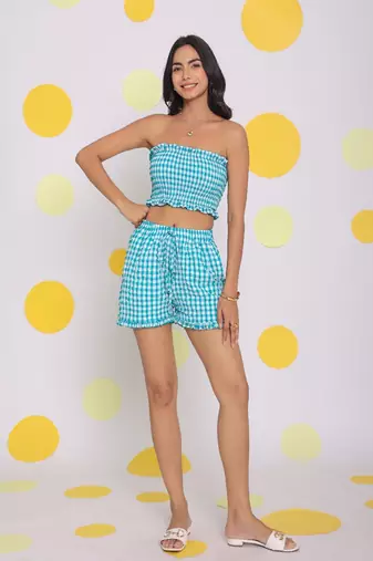 White and aqua blue tube top and shorts two piece set relaxed summer co-ord set