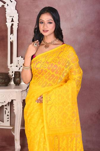 Yellow soft semi pure jamdani saree without blouse piece