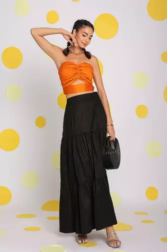 Orange tube bralette and black maxi skirt 100% cotton  resort wear co-ord set