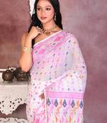 White soft semi pure jamdani saree without blouse piece