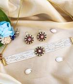 Multi-strand pearl choker necklace set with red stone earrings