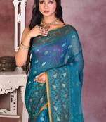 Blue soft semi pure jamdani saree without blouse piece