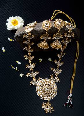 Long White Chand Mala Necklace Set 2