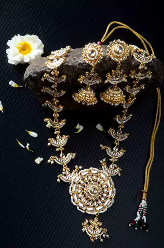 Long White Chand Mala Necklace Set