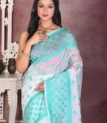 White and sea green soft semi pure jamdani saree without blouse piece