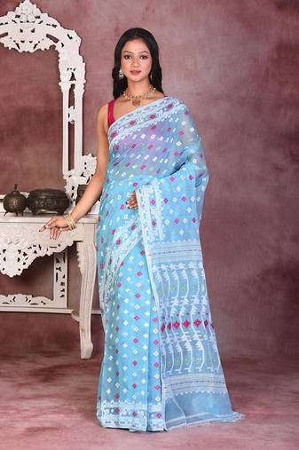 Sky blue soft semi pure jamdani saree without blouse piece