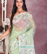 Pastel green soft semi pure jamdani saree without blouse piece