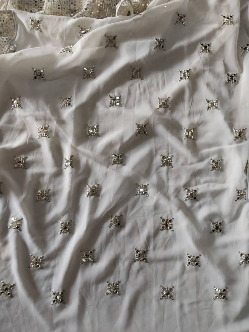 Delightful Off White zari and sequins embroidered Georgette indian Lehenga Choli dress