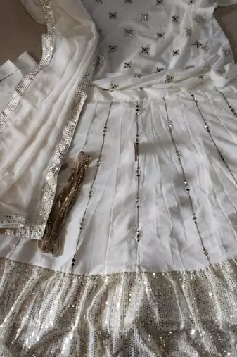 Delightful Off White zari and sequins embroidered Georgette indian Lehenga Choli dress