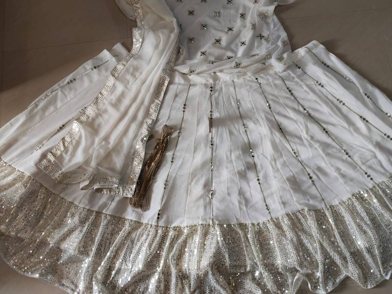 Delightful Off White zari and sequins embroidered Georgette indian Lehenga Choli dress