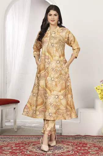 Beige rayon floral printed kurti
