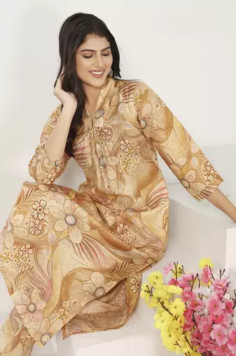 Beige rayon floral printed kurti