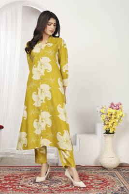 Mustard rayon floral printed kurti 1