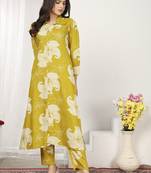Mustard rayon floral printed designer kurti