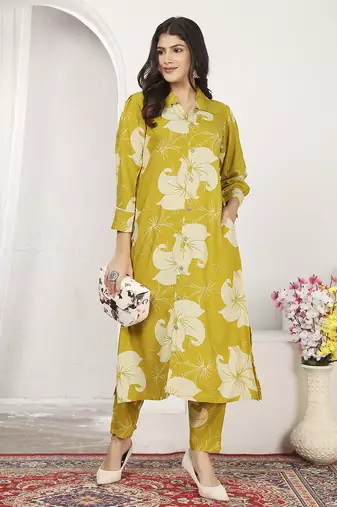 Mustard rayon floral printed kurti