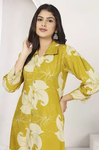 Mustard rayon floral printed kurti
