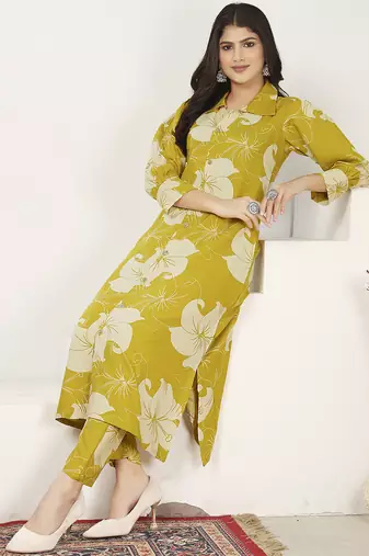 Mustard rayon floral printed kurti