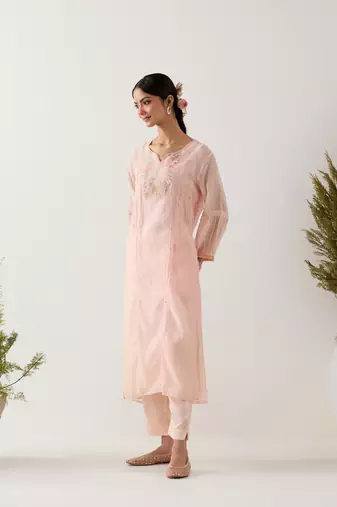 Ivory pink parrot and pionies kurta set