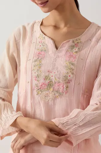 Ivory pink parrot and pionies kurta set