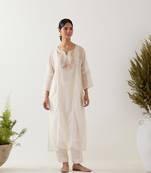 White parrot and peonies kurta set