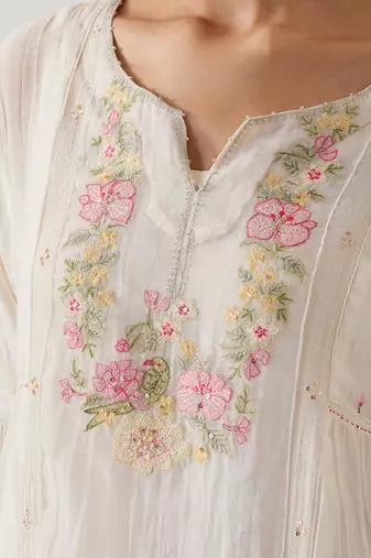 White parrot and peonies kurta set