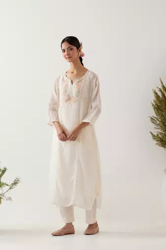 White parrot and peonies kurta set