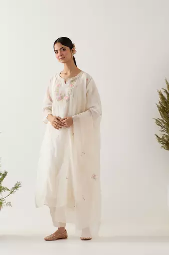 White parrot and peonies kurta set