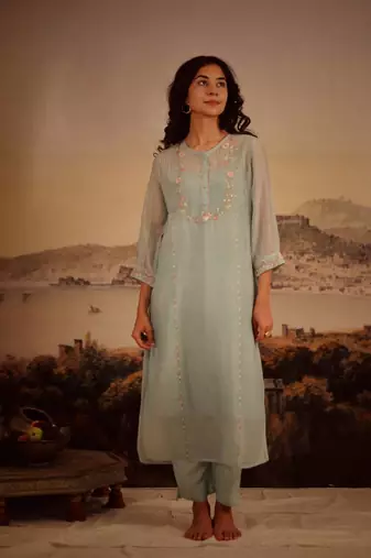 Teal camelia kurta set