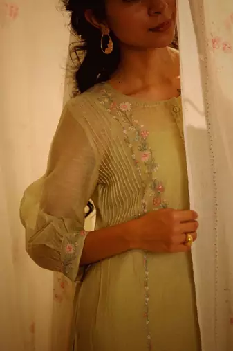 Sage green camellia kurta set