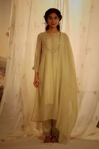 Sage green camellia kurta set