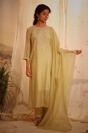 Sage green tonal yoke kurta set