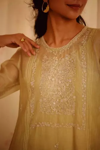 Sage green tonal yoke kurta set