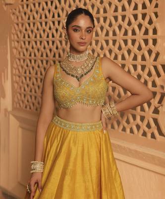 Mazhum - Mustard Lehenga with Blouse and Dupatta 3