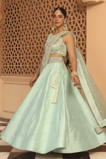 Afsa - Misty Green Lehenga with Blouse and Dupatta