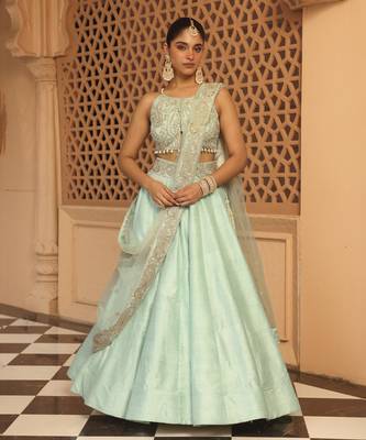Afsa - Misty Green Lehenga with Blouse and Dupatta 1