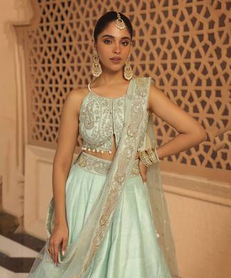 Afsa - Misty Green Lehenga with Blouse and Dupatta 4