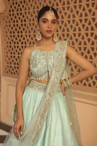 Afsa - Misty Green Lehenga with Blouse and Dupatta